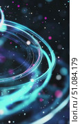 Abstract digital background with swirling lines and colorful bokeh effects. The scene features vibrant blue, pink, and white circles against a dark backdrop. Стоковое AI-видео, аниматор Nart / Фотобанк Лори