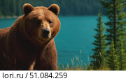 A close-up of a brown bear standing near a lake surrounded by trees. The bear has a thick fur coat and a strong build, showcasing its natural habitat. Стоковое AI-видео, аниматор Nart / Фотобанк Лори