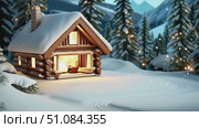 A cozy wooden cabin in a snowy landscape surrounded by tall evergreen trees. The scene conveys a winter vacation atmosphere with soft lighting. Стоковое AI-видео, аниматор Nart / Фотобанк Лори
