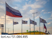 Флаг России и компании Роснефть на  фоне закатного неба. Редакционное фото, фотограф Литвяк Игорь / Фотобанк Лори