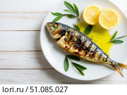 Grilled fish on a white plate, top view, wooden backdrop. Fried fish with slice of lemon and fresh herbs, olive oil. Snapper or sea bream on kitchen table. For cooking background or menu design. Стоковое AI-изображение, AI-художник Марина Демидюк / Фотобанк Лори