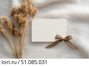 Blank greeting card, invitation mockup. Dry grass, pampas plant on beige table background. Flat lay, top view. Copyspace. Paper cards, mock up. Modern Minimal business brand template. Soft shadow. A6. Стоковое AI-изображение, AI-художник Марина Демидюк / Фотобанк Лори