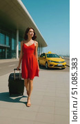 A young Caucasian woman with brown hair walks confidently at an airport, pulling a suitcase. A yellow taxi is parked nearby under a clear blue sky. Стоковое AI-видео, аниматор Nart / Фотобанк Лори