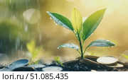 A small green plant grows from soil surrounded by coins. The scene symbolizes growth, investment, and sustainability in a bright, natural setting. Стоковое AI-видео, аниматор Nart / Фотобанк Лори