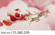 A whimsical illustration of Santa Claus in a red suit, riding a sleigh pulled by two reindeer against a soft pink background. The scene captures a festive holiday spirit. Стоковое AI-видео, аниматор Nart / Фотобанк Лори