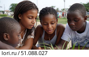 African children collaborating on a group project outdoors, learning with nature as a backdrop, clear sky. Black African children from disadvantaged families study in school, read books, receive primary education, volunteer service. Стоковое AI-изображение, AI-художник ALLA YURTAYEVA / Фотобанк Лори
