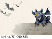 A cartoon gargoyle sits on the wall next to flying bats. The gargoyle is smiling and enjoying his time. Стоковое AI-изображение, AI-художник Olga Golub / Фотобанк Лори