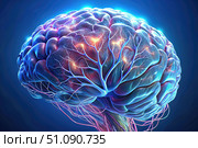 A vibrant human brain illuminated with colorful neural pathways symbolizing thought processes and connections. Стоковое AI-изображение, AI-художник Коханова Наталья / Фотобанк Лори