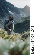 Hiking through stunning mountain landscapes at sunrise in a serene nature setting. Стоковое AI-видео, аниматор Сергей Толмачёв / Фотобанк Лори