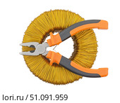Плоскогубцы и торроидальный трансформатор на белом фоне. Pliers and a toroidal transformer on a white background. Стоковое фото, фотограф Татьяна Д / Фотобанк Лори