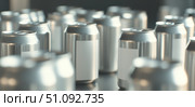 Close-up of multiple silver beer cans with blank surface as mockup, condensation, metallic texture, background. Стоковое AI-изображение, AI-художник Анастасия Золотницкая / Фотобанк Лори