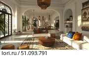 Luxurious bohemian living room with dining area. Стоковое AI-изображение, AI-художник Михаил Коханчиков / Фотобанк Лори
