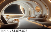 Futuristic spacecraft interior with stunning view of planet from space station. Стоковое AI-изображение, AI-художник Михаил Коханчиков / Фотобанк Лори