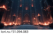 Dark castle looms ominously in a mysterious fantasy landscape with flickering flames. Стоковое AI-изображение, AI-художник Ксения Лаптева / Фотобанк Лори