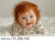 Cute Baby With Curly Red Hair Smiles While Lying on a Soft Blanket Indoors at Home During Daylight. Стоковое AI-изображение, AI-художник Юлия Гапеенко / Фотобанк Лори