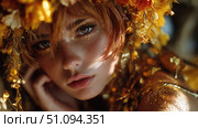 Enchanting dryad woman in a golden forest setting during the magical twilight hour. Стоковое AI-изображение, AI-художник Ксения Лаптева / Фотобанк Лори