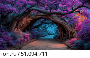 An enchanting forest pathway invites wanderers with its stunning colors and surreal atmosphere. Стоковое AI-изображение, AI-художник Ксения Лаптева / Фотобанк Лори