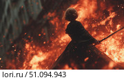 Epic fantasy battle with a powerful character surrounded by flames in a dramatic landscape. Стоковое AI-изображение, AI-художник Ксения Лаптева / Фотобанк Лори