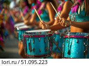 Colorful Drummers Perform Energetically During a Lively Summer Festival Parade. Стоковое AI-изображение, AI-художник Юлия Гапеенко / Фотобанк Лори