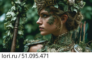 Fantasy character embodies nature's spirit in a mystical forest environment. Стоковое AI-изображение, AI-художник Ксения Лаптева / Фотобанк Лори