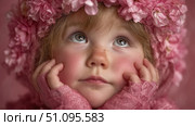Little girl dressed as a fairy gazes upward with wonder in a whimsical floral setting. Стоковое AI-изображение, AI-художник Ксения Лаптева / Фотобанк Лори
