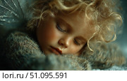 Little girl fairy peacefully resting with delicate wings in a magical setting. Стоковое AI-изображение, AI-художник Ксения Лаптева / Фотобанк Лори
