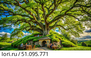 Majestic Oak Tree Sheltering a Charming Hobbit House in a Lush Green Garden. Generative AI. Стоковое AI-изображение, AI-художник Roman Zavorotny / Фотобанк Лори