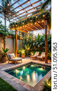 Evening Relaxation in a Tropical Backyard Oasis With Plunge Pool. Generative AI. Стоковое AI-изображение, AI-художник Roman Zavorotny / Фотобанк Лори