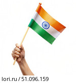 Hand Holding Waving Indian Tricolor Flag on White Background. Generative AI. Стоковое AI-изображение, AI-художник Roman Zavorotny / Фотобанк Лори