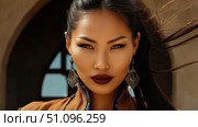 Captivating oriental woman with striking features posed against a historical backdrop. Стоковое AI-изображение, AI-художник Ксения Лаптева / Фотобанк Лори
