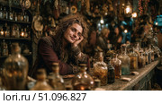 Exploring a lively medieval tavern filled with enchanting characters and magical potions. Стоковое AI-изображение, AI-художник Ксения Лаптева / Фотобанк Лори