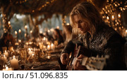 Musician captivating tavern patrons with enchanting melodies in a medieval fantasy setting. Стоковое AI-изображение, AI-художник Ксения Лаптева / Фотобанк Лори