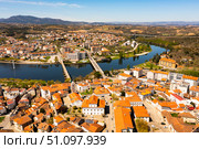 Drone view of Portuguese city of Mirandela on banks of Tua river with fountain. Стоковое фото, фотограф Яков Филимонов / Фотобанк Лори