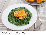 Baked chicken fillet with spinach stewed in bechamel sauce. Стоковое фото, фотограф Яков Филимонов / Фотобанк Лори