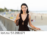 Girl walk at embarkment, spend time near beach in Barceloneta. Стоковое фото, фотограф Яков Филимонов / Фотобанк Лори