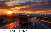 A red bus is driving down a highway with a beautiful sunset in the background. Стоковое AI-изображение, AI-художник Ярославский Максим / Фотобанк Лори