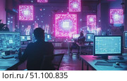 Creative digital workspace showcasing programmers and vibrant visuals in a modern tech environment at night. Стоковое AI-видео, аниматор Ekaterina Ismagilova / Фотобанк Лори