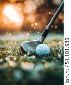 Golf club and ball on dewy grass at sunrise - perfect for sports enthusiasts. Стоковое AI-изображение, AI-художник Сергей Бирюков / Фотобанк Лори
