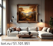 Elegant living room with antique landscape painting in cozy interior design. Стоковое AI-изображение, AI-художник Сергей Бирюков / Фотобанк Лори