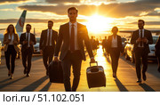 A group of men and women are walking on a runway with suitcases and luggage. Стоковое AI-изображение, AI-художник Ярославский Максим / Фотобанк Лори