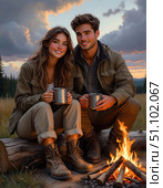 A man and a woman are sitting next to a fire, holding mugs. Стоковое AI-изображение, AI-художник Ярославский Максим / Фотобанк Лори