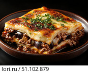 Moussaka with layers of eggplant, ground lamb, and bechamel sauce. Стоковое AI-изображение, AI-художник Татьяна  Бральнина / Фотобанк Лори