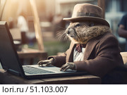 Quirky Business anthropomorphic Marmot at Desk with Laptop Groundhog Day. Стоковое AI-изображение, AI-художник Елена Гоосен / Фотобанк Лори