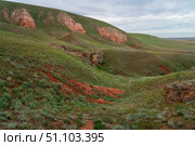 Picturesque slopes of the highest point of the Caspian lowland - Bolshoe Bogdo Mountains on a summer day, Bogdinsk-Baskunchak Nature Reserve, Akhtuba district, Astrakhan region, Russia. Стоковое фото, фотограф Ula Ulachka / Фотобанк Лори