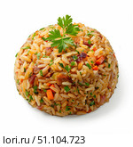 Rice pilaf seasoned with meat and vegetables, garnished with fresh parsley. Стоковое AI-изображение, AI-художник Иван Рябоконь / Фотобанк Лори