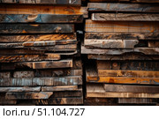 Stack of reclaimed wood planks forming a textured background. Стоковое AI-изображение, AI-художник Иван Рябоконь / Фотобанк Лори
