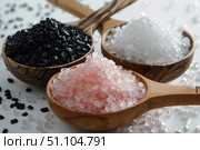 Wooden spoons showing variety of colorful salts. Стоковое AI-изображение, AI-художник Иван Рябоконь / Фотобанк Лори