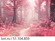 Pink fog entering magical forest with flowers and light particles. Стоковое AI-изображение, AI-художник Иван Рябоконь / Фотобанк Лори