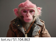 Monkey with pink fur and brown leather jacket posing for portrait. Стоковое AI-изображение, AI-художник Иван Рябоконь / Фотобанк Лори