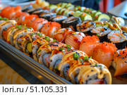 Delicious sushi rolls covered with sesame seeds and sauce filling a catering tray. Стоковое AI-изображение, AI-художник Иван Рябоконь / Фотобанк Лори